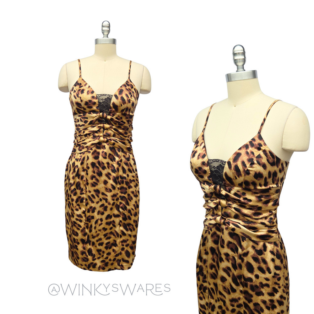 Vintage Y2K Leopard Print Dress Size S Satin Lace Sheath Sleeveless XOXO Trashy